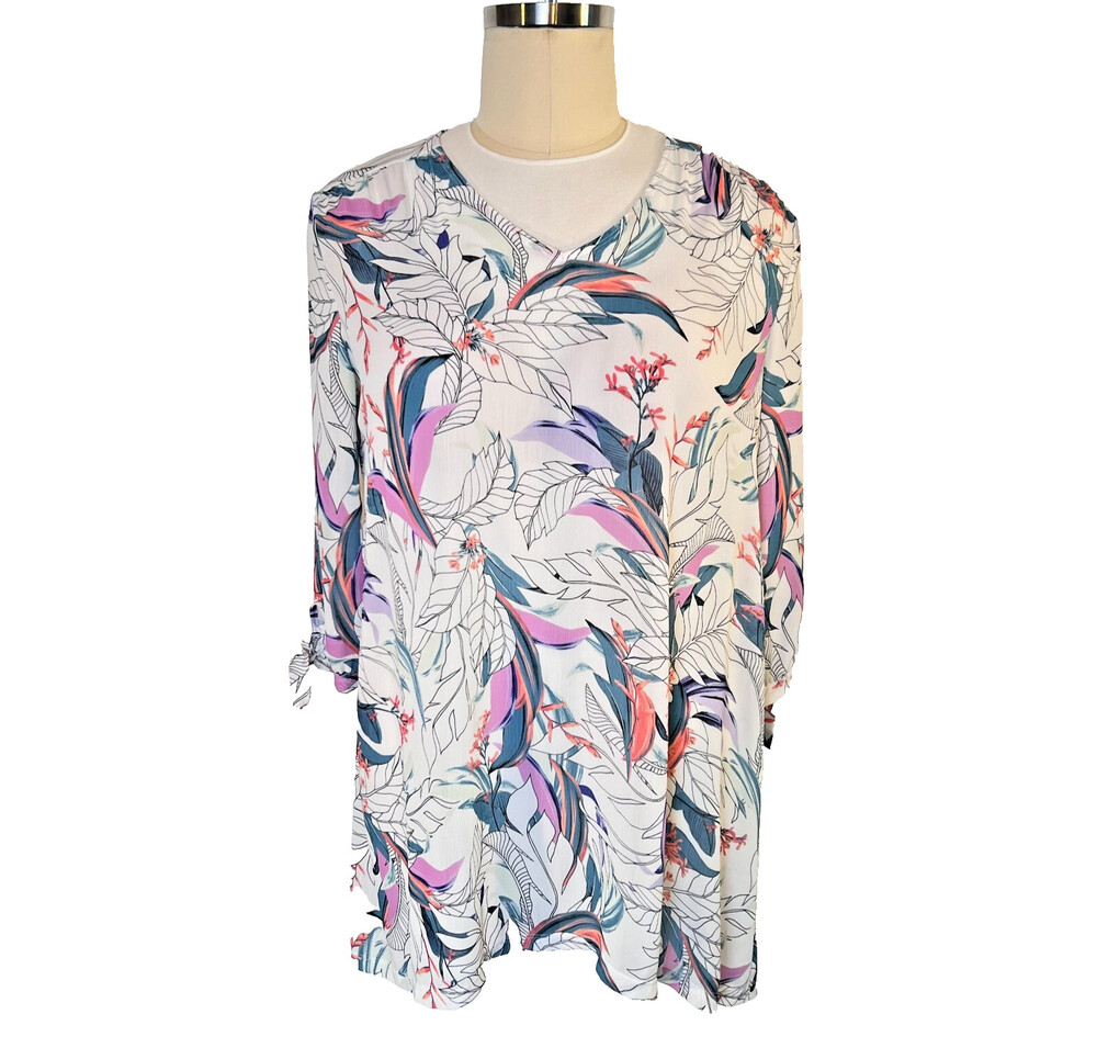 Apana Women's L Dress Mini Length Hi Low Hem Tropical Pastel Floral Long Sleeve